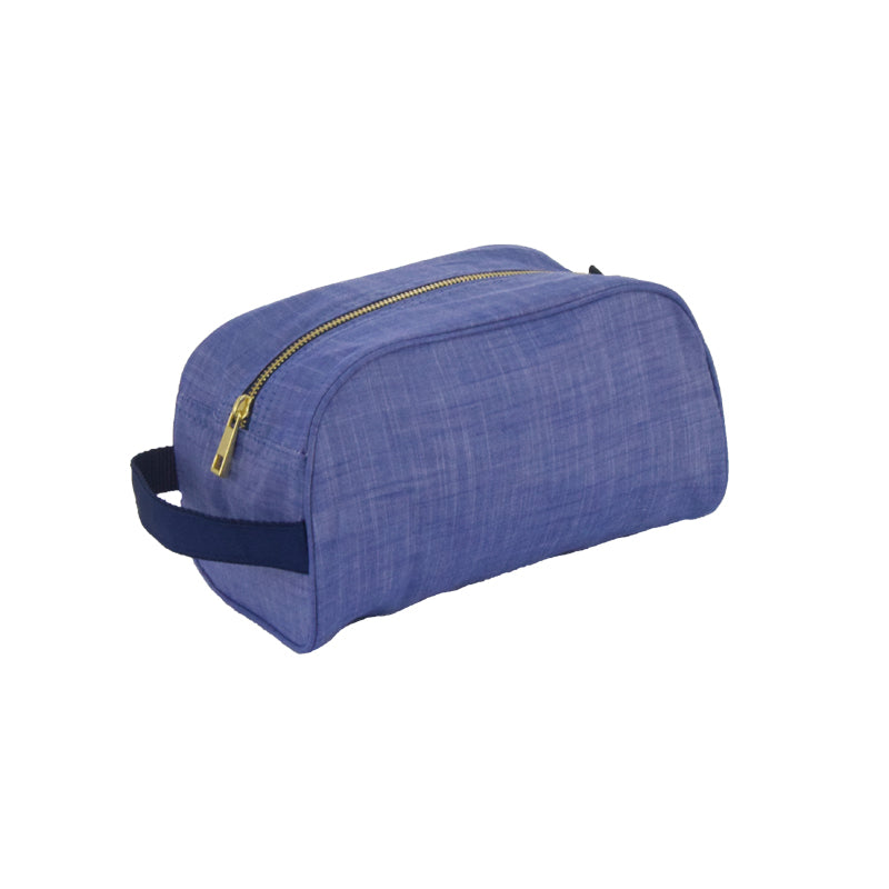 Load image into Gallery viewer, Navy Chambray and Brass Traveler Toiletry Bag
